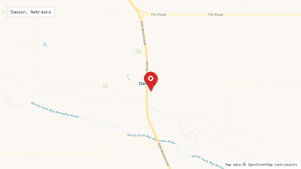 Street map of Dawson, Nebraska with location pin