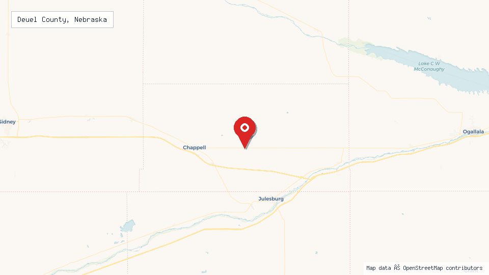 Street map of Deuel County, Nebraska with location pin