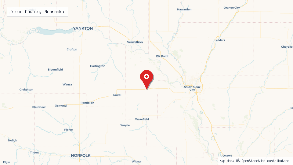 Street map of Dixon County, Nebraska with location pin