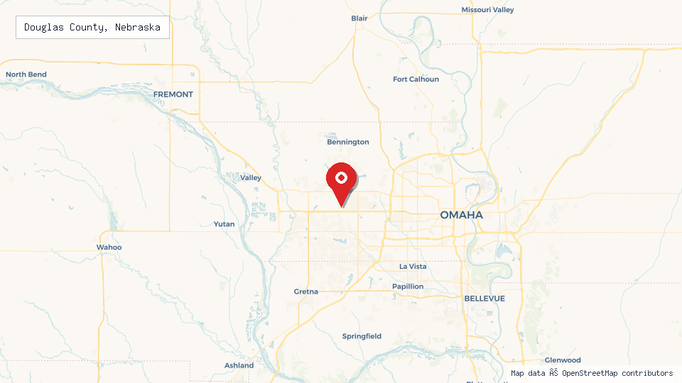 Street map of Douglas County, Nebraska with location pin