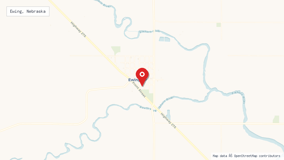 Street map of Ewing, Nebraska with location pin