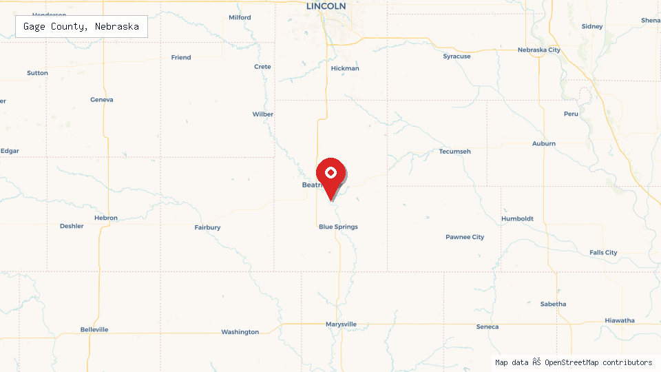 Street map of Gage County, Nebraska with location pin