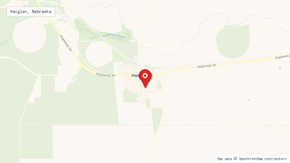 Street map of Haigler, Nebraska with location pin