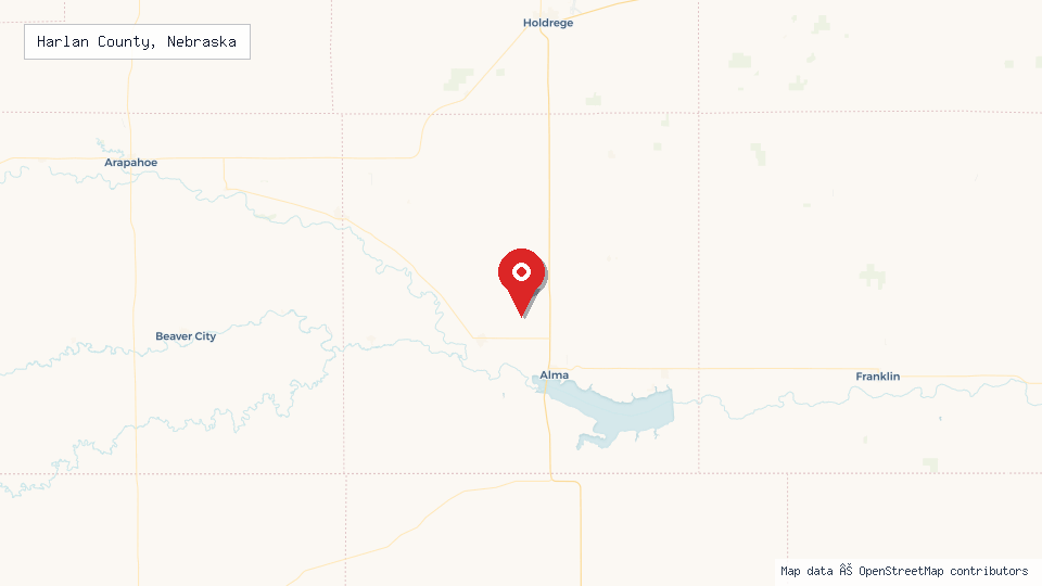 Street map of Harlan County, Nebraska with location pin