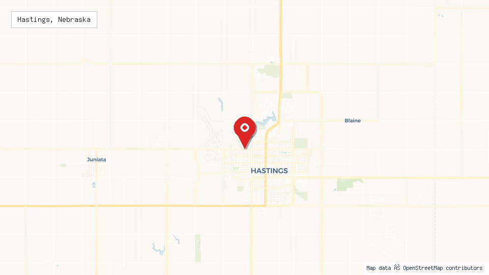 Street map of Hastings, Nebraska with location pin