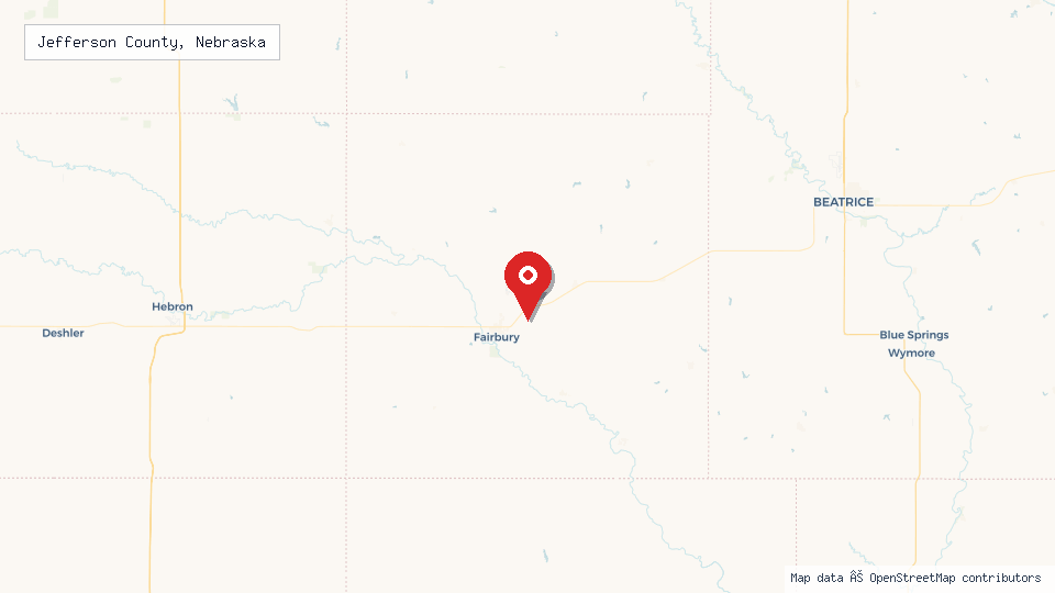 Street map of Jefferson County, Nebraska with location pin