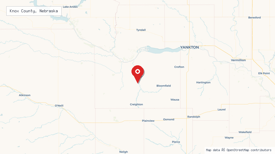 Street map of Knox County, Nebraska with location pin