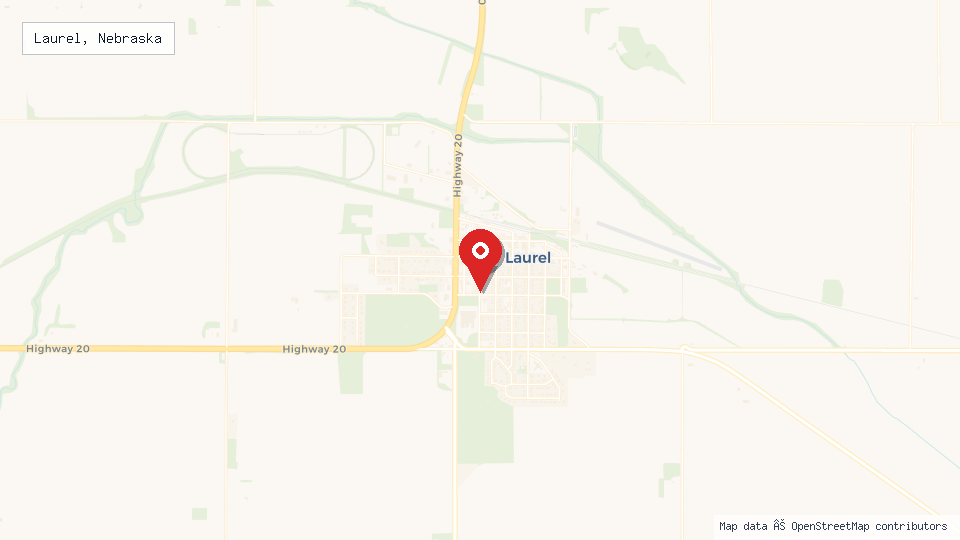Street map of Laurel, Nebraska with location pin