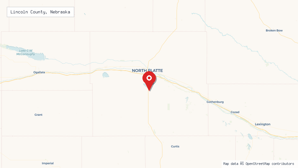 Street map of Lincoln County, Nebraska with location pin