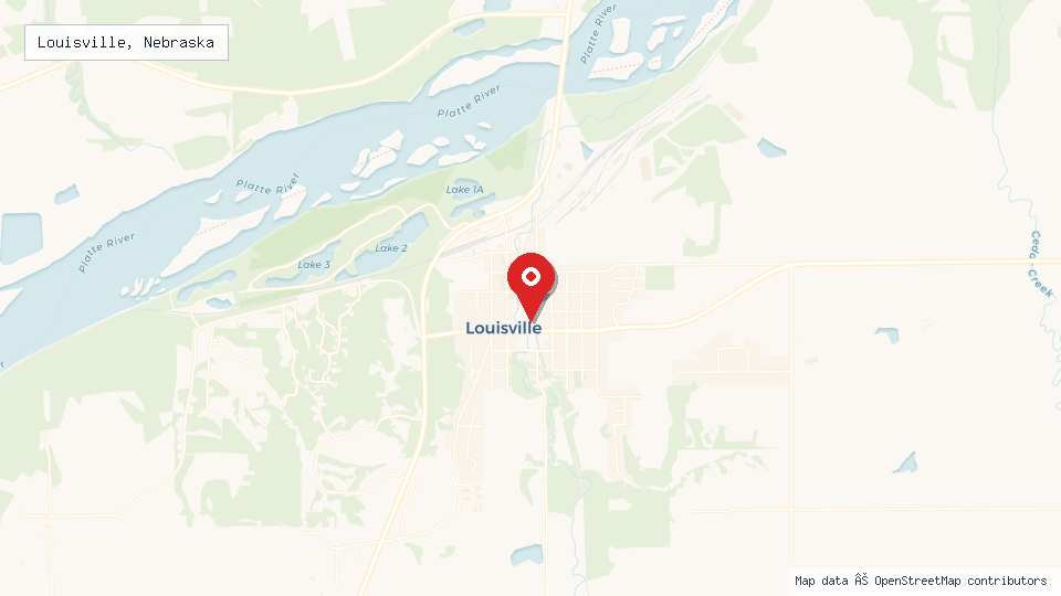 Street map of Louisville, Nebraska with location pin