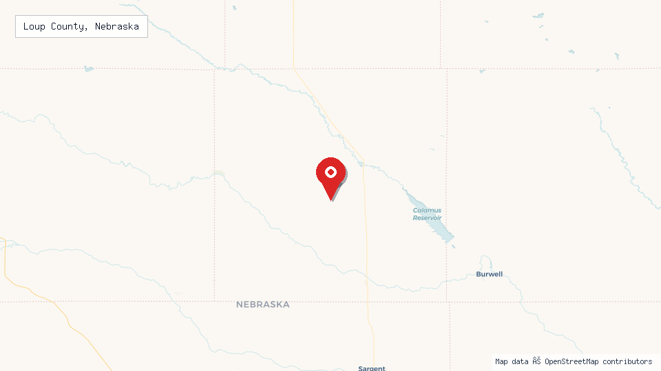 Street map of Loup County, Nebraska with location pin
