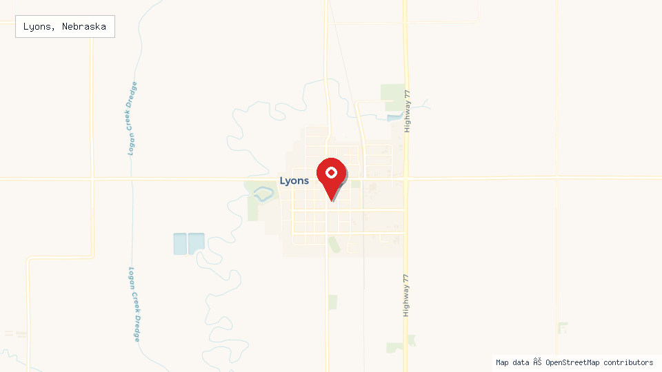 Street map of Lyons, Nebraska with location pin