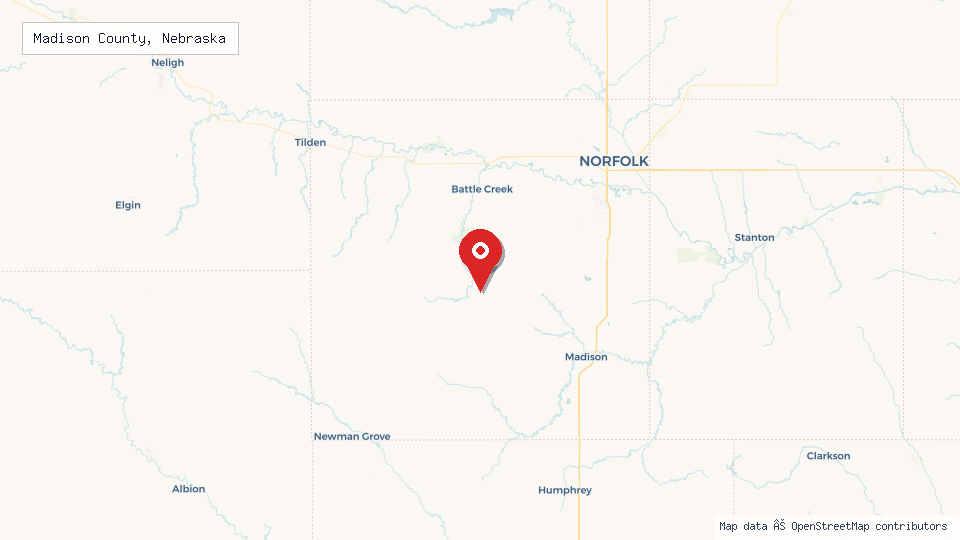 Street map of Madison County, Nebraska with location pin