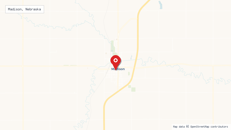 Street map of Madison, Nebraska with location pin