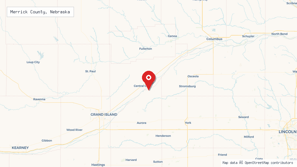 Street map of Merrick County, Nebraska with location pin