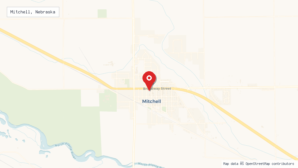 Street map of Mitchell, Nebraska with location pin