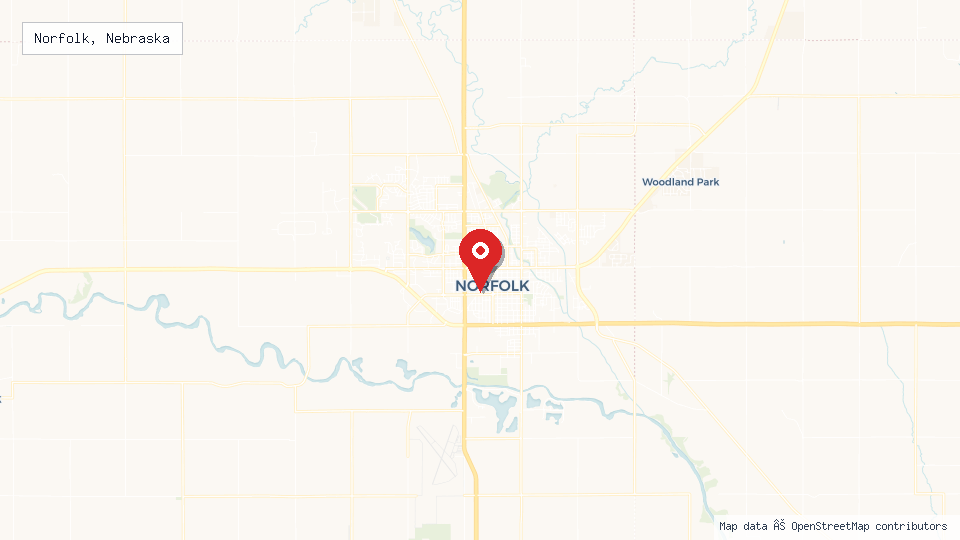Street map of Norfolk, Nebraska with location pin