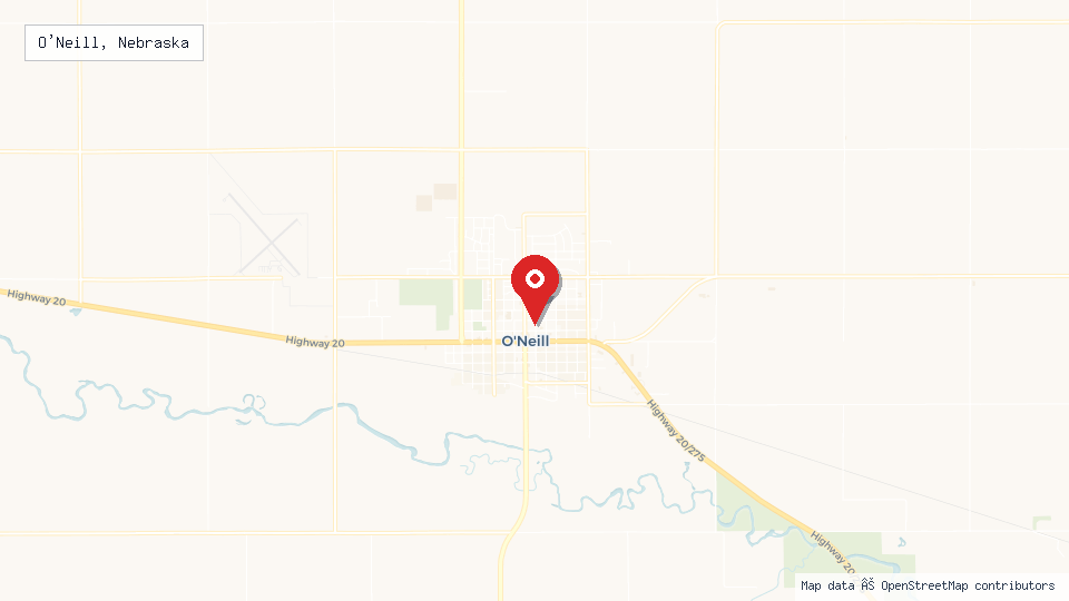 Street map of O'Neill, Nebraska with location pin