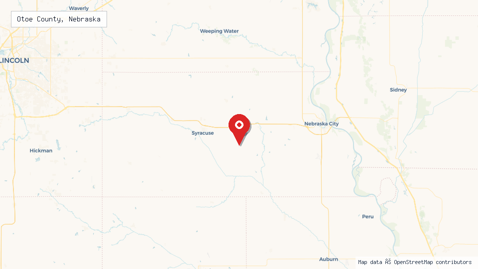 Street map of Otoe County, Nebraska with location pin