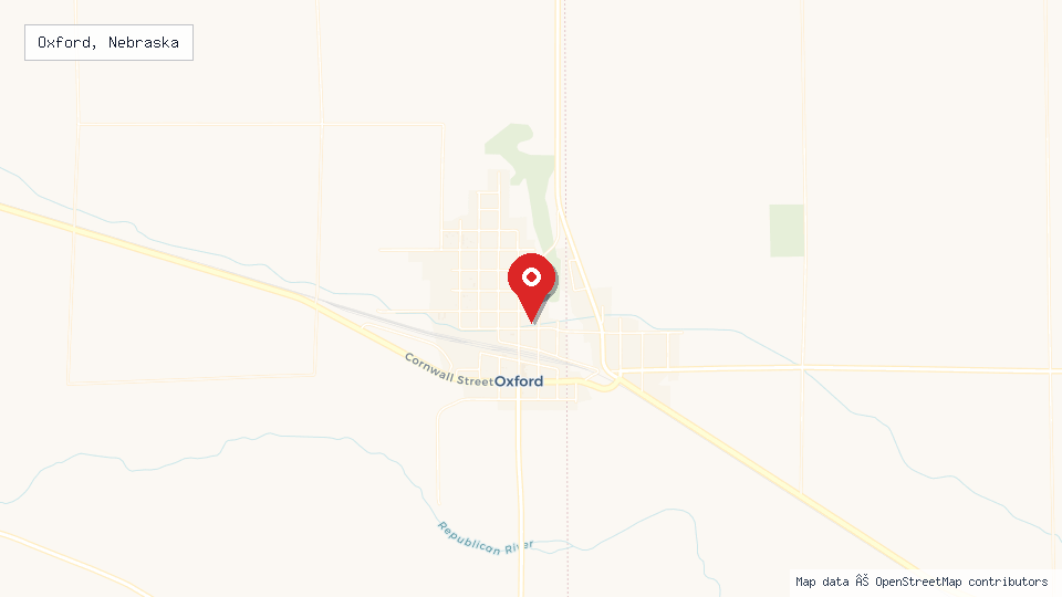 Street map of Oxford, Nebraska with location pin
