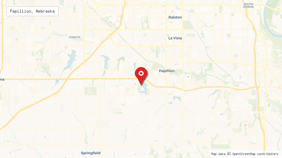 Street map of Papillion, Nebraska with location pin