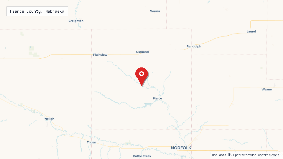 Street map of Pierce County, Nebraska with location pin
