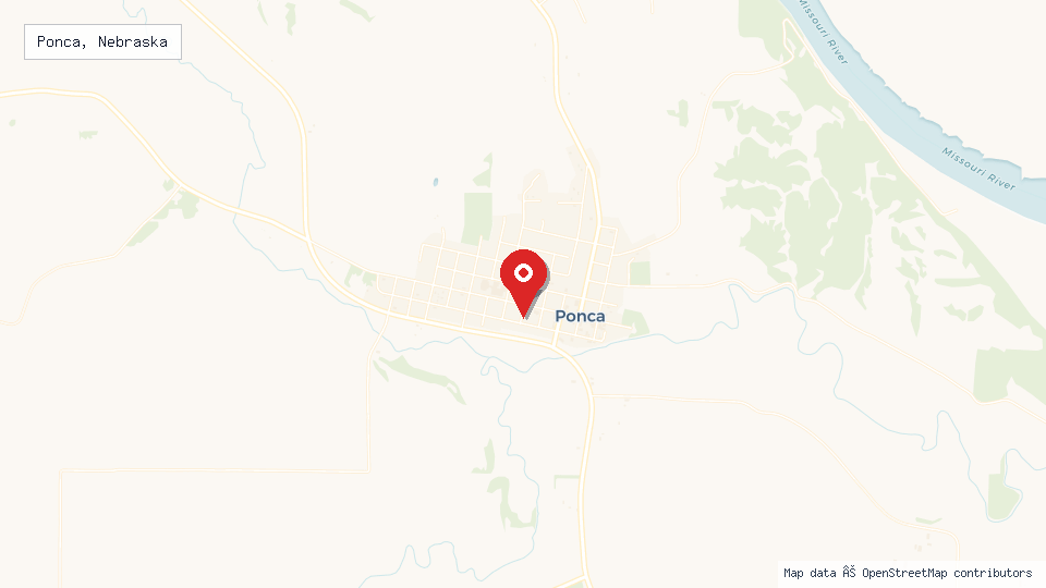 Street map of Ponca, Nebraska with location pin
