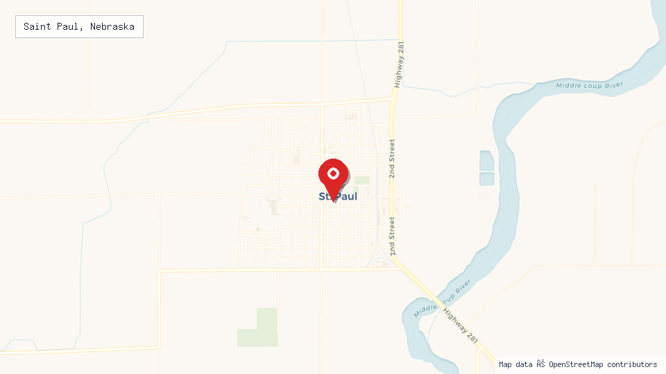 Street map of Saint Paul, Nebraska with location pin
