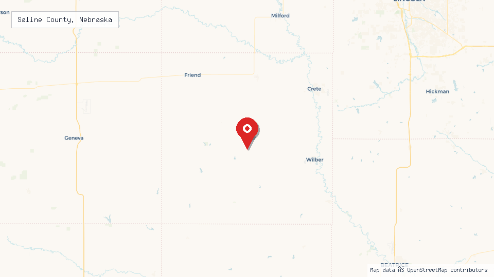 Street map of Saline County, Nebraska with location pin