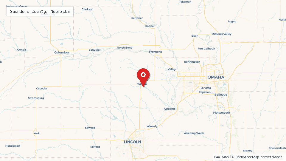 Street map of Saunders County, Nebraska with location pin