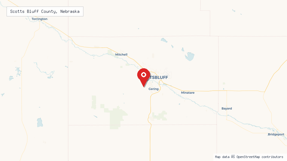 Street map of Scotts Bluff County, Nebraska with location pin