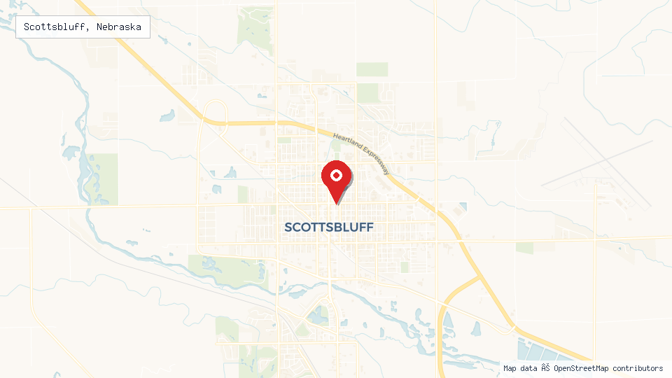 Street map of Scottsbluff, Nebraska with location pin