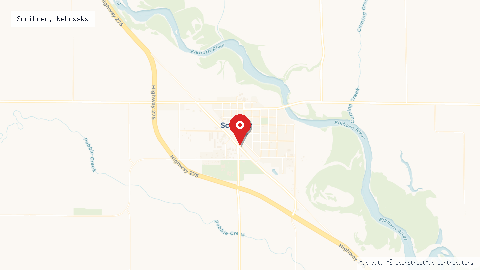Street map of Scribner, Nebraska with location pin
