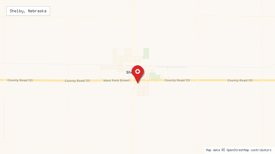 Street map of Shelby, Nebraska with location pin