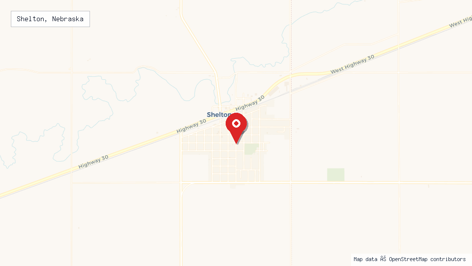 Street map of Shelton, Nebraska with location pin