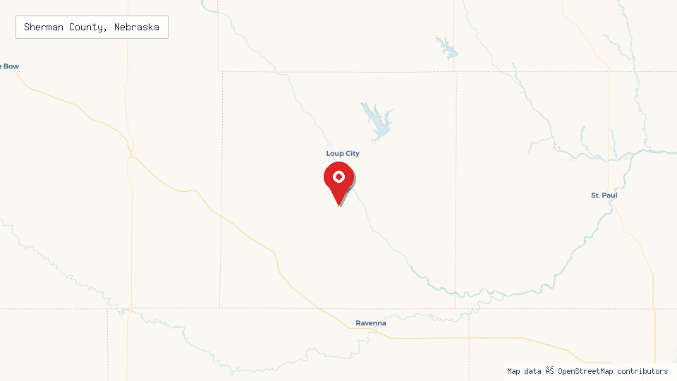 Street map of Sherman County, Nebraska with location pin
