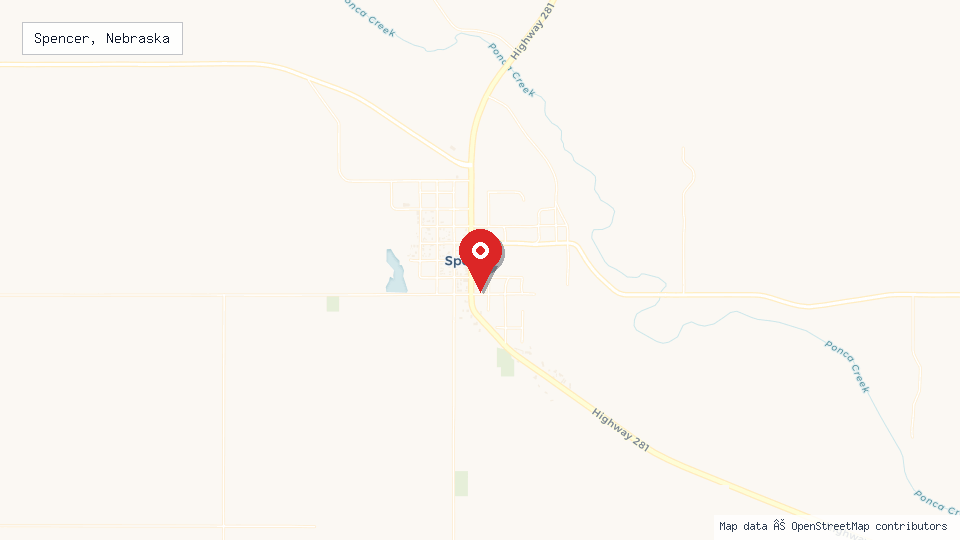 Street map of Spencer, Nebraska with location pin