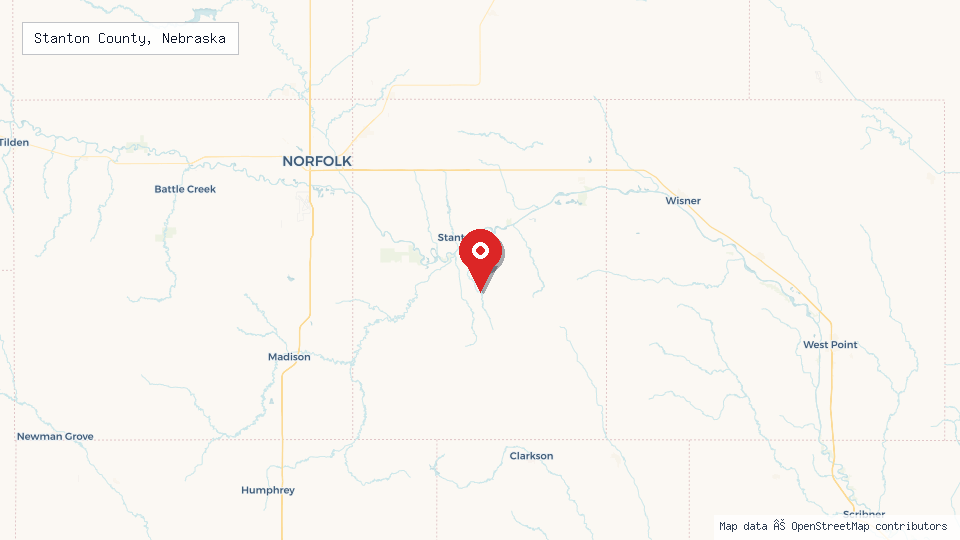 Street map of Stanton County, Nebraska with location pin
