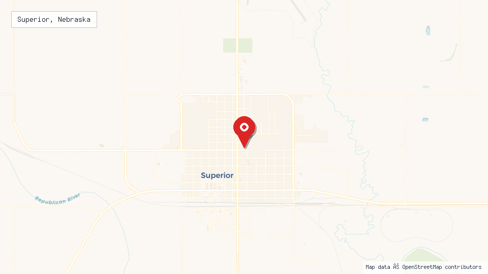 Street map of Superior, Nebraska with location pin