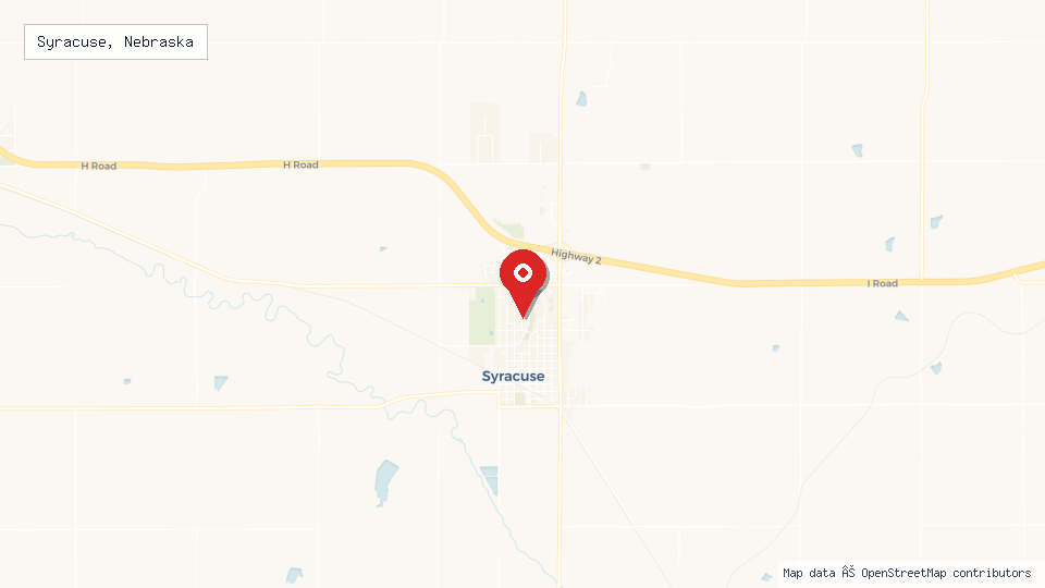 Street map of Syracuse, Nebraska with location pin