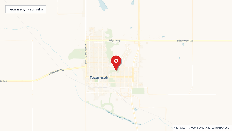 Street map of Tecumseh, Nebraska with location pin