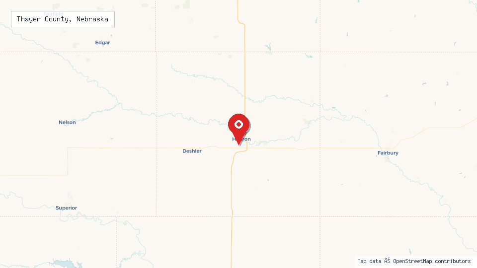 Street map of Thayer County, Nebraska with location pin