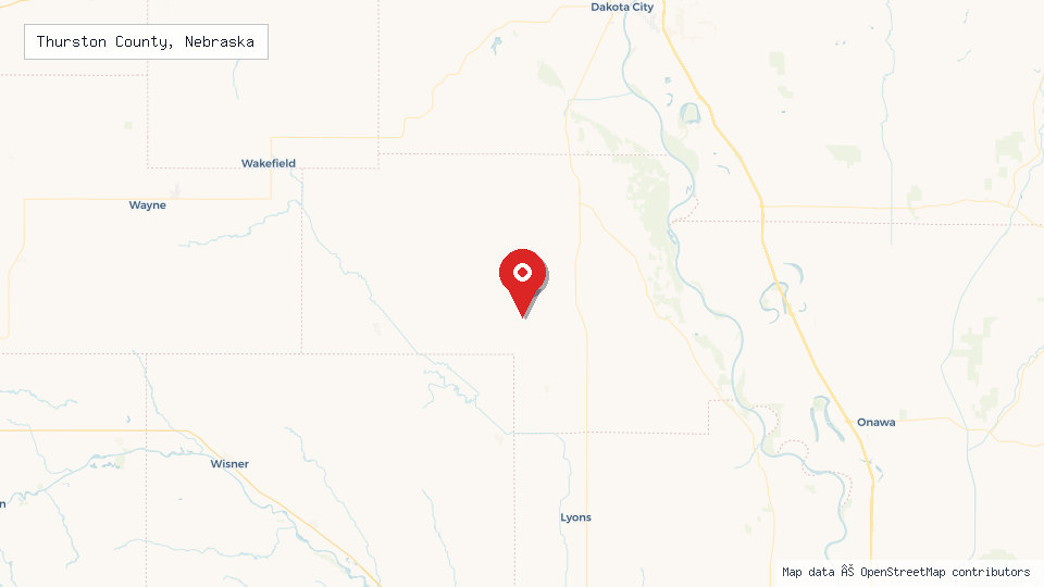 Street map of Thurston County, Nebraska with location pin