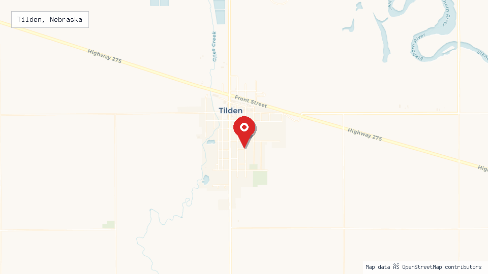 Street map of Tilden, Nebraska with location pin