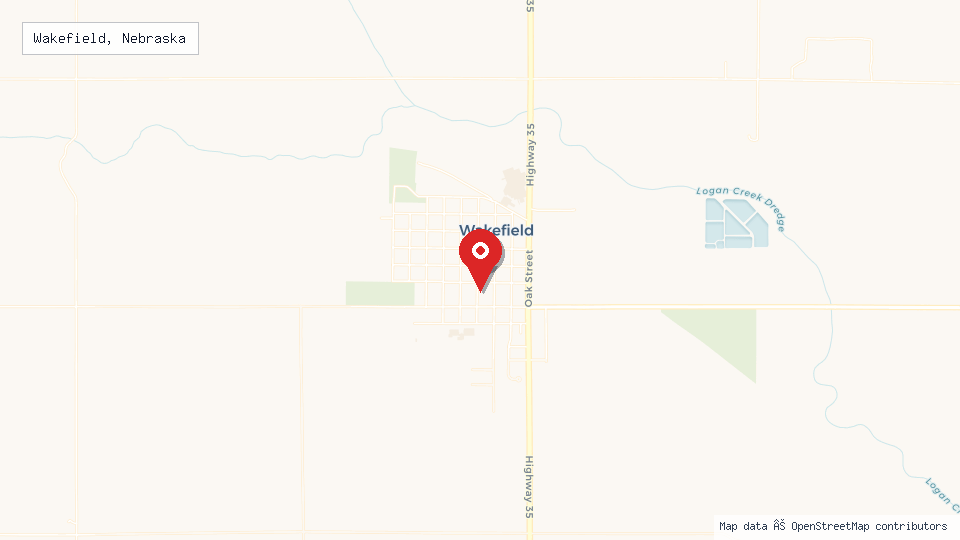 Street map of Wakefield, Nebraska with location pin