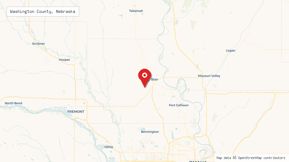 Street map of Washington County, Nebraska with location pin