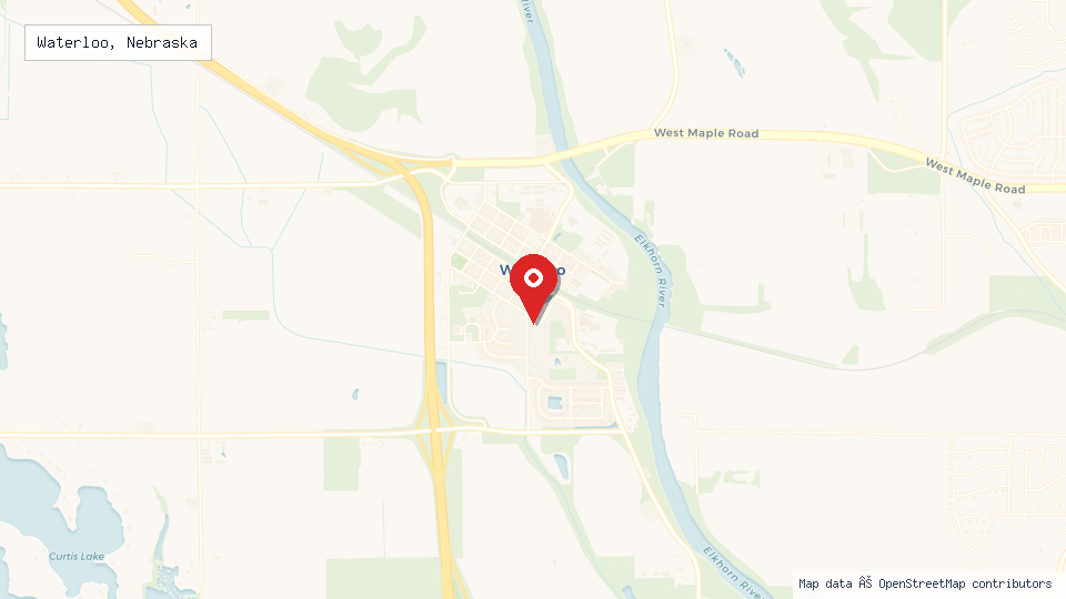 Street map of Waterloo, Nebraska with location pin
