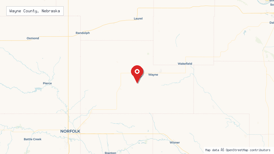 Street map of Wayne County, Nebraska with location pin