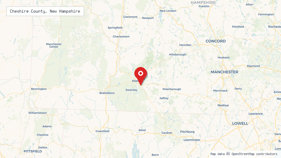 Street map of Cheshire County, New Hampshire with location pin