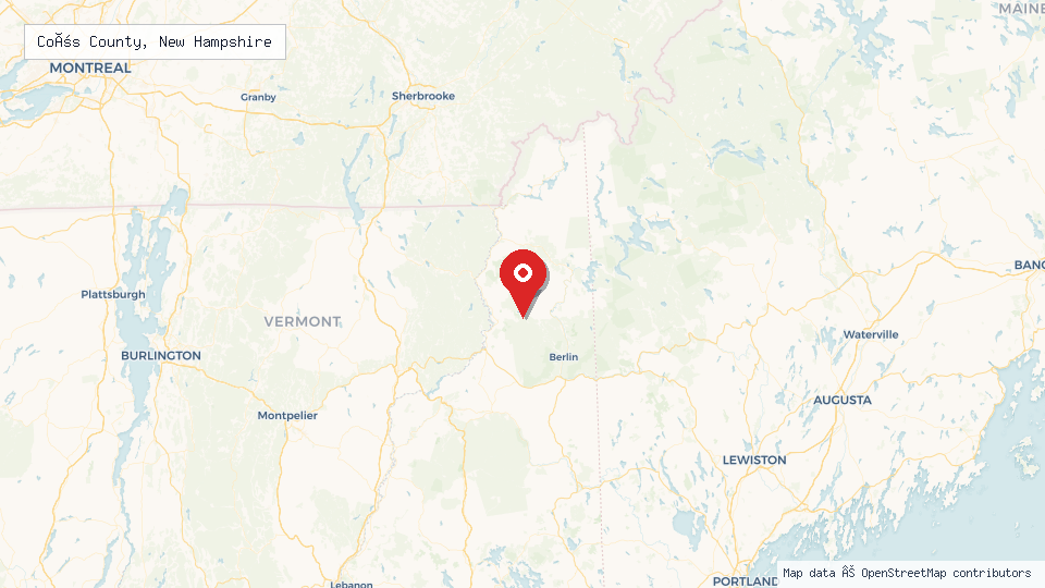 Street map of Coös County, New Hampshire with location pin